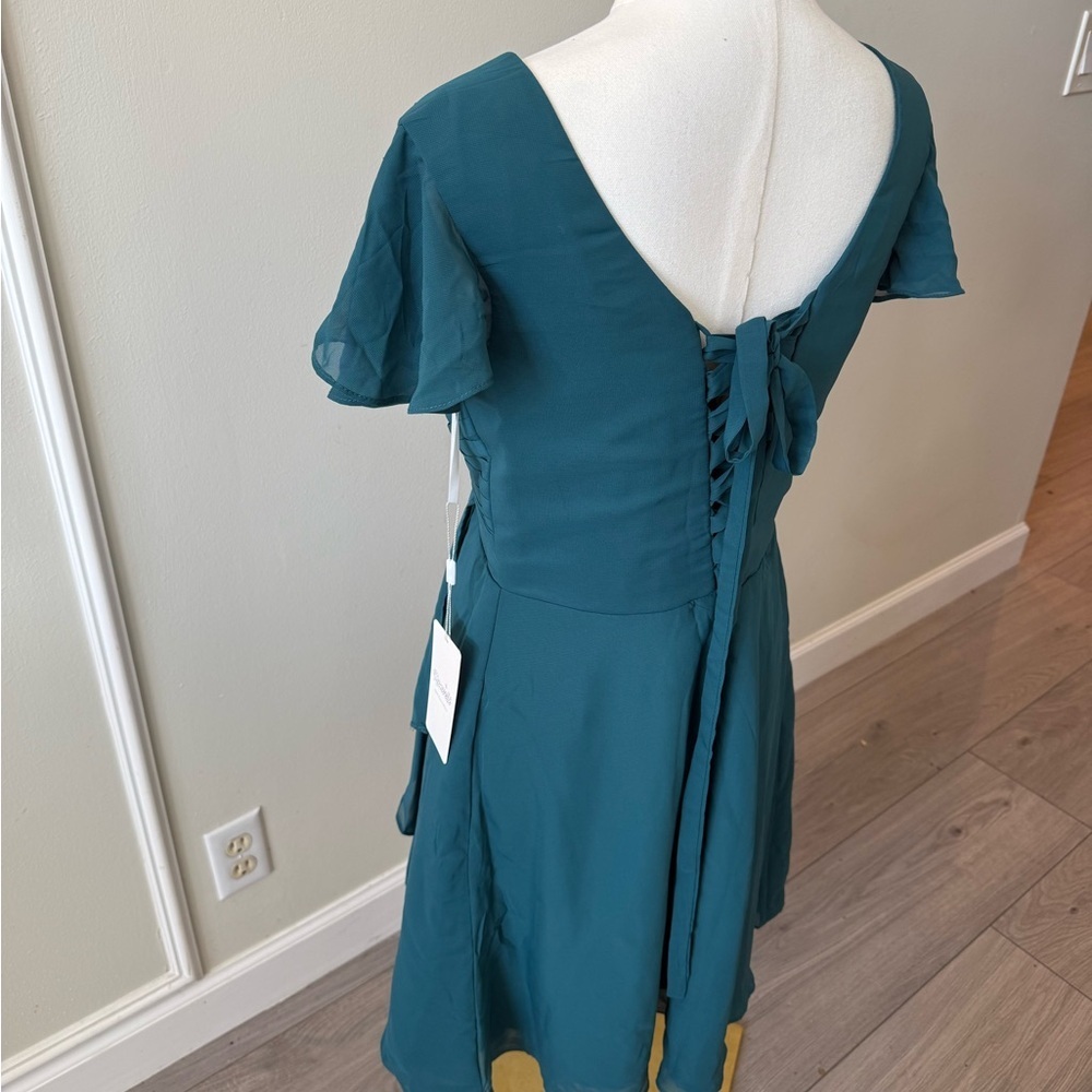 Chic Teal V-Neck Mini Dress - Picture 3 of 9